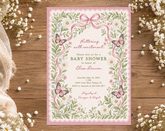 Butterfly Baby Shower Invitation Girl, Pink Floral Garden Baby Shower Invite, Fluttering With Excitement Baby Shower, Printable or Printed