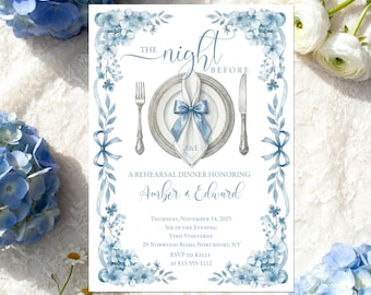 Blue Floral Rehearsal Dinner Invitation: Place Setting (Printable or Printed)
