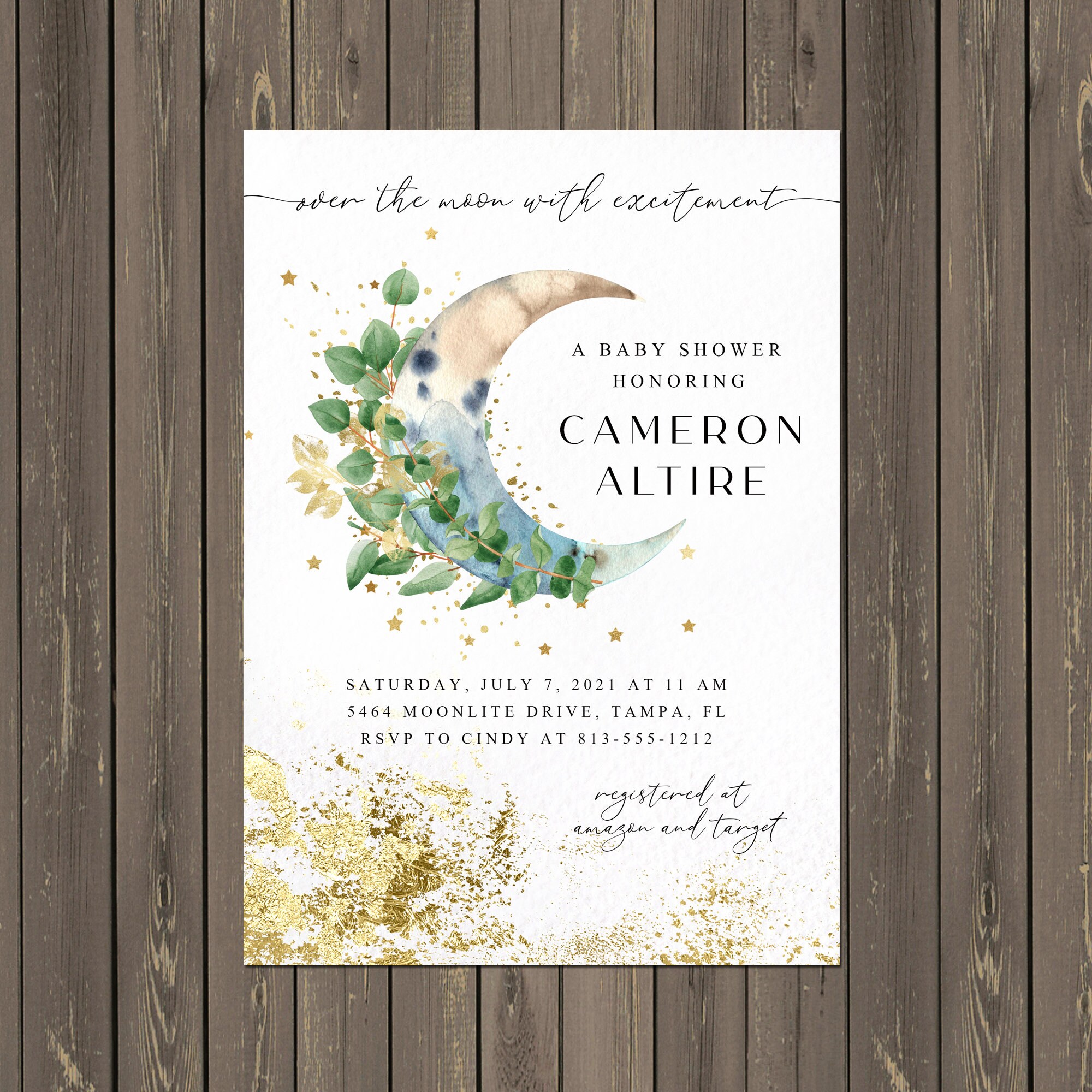 Over the Moon Baby Shower Invitation Boho Moon Baby Shower with Eucalyptus Moon and Stars Shower Blue or Pink Printable or