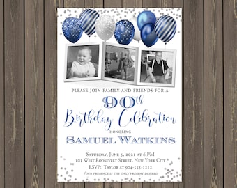 Adult Masculine Birthday Invitation, Blue and Silver Balloons Invitation, Photo Collage Birthday Invitation, Any Age, Printable or Printed