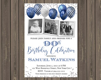 Invitación de cumpleaños masculina: globos azules y plateados, collage de fotos (imprimible o impresa)