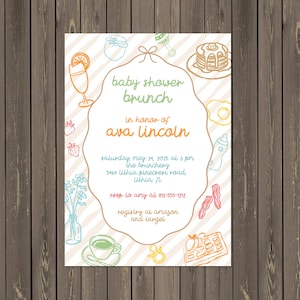 Faire-part de baby shower pour le brunch avec des illustrations de nourriture et de boissons pastel dessinées à la main, sans distinction de sexe, impression personnalisée ou imprimable