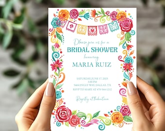 Fiesta Bridal Shower Invitation • Papel Picado, Bright Florals (Digital Download)