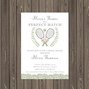 Tennis Perfect Match Bridal Shower Invitations, Watercolor Floral Tennis Invitations, Digital or Printed.