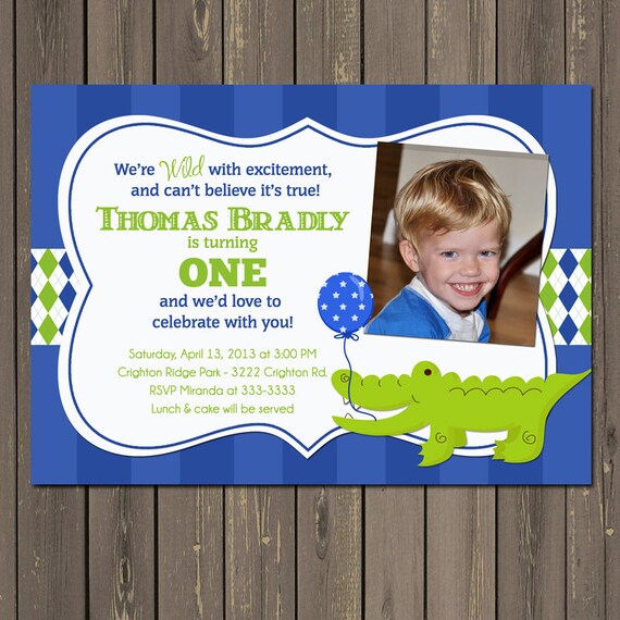 Alligator Birthday Invitation, Alligator 1st Birthday Invitation, Preppy Birthday Party Invite, Blue and Green, Boy 1st Birthday Il_570xn