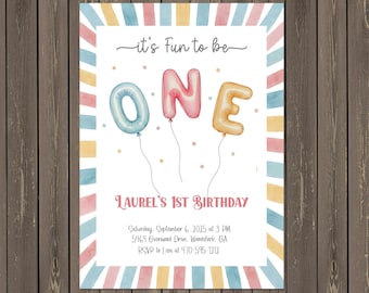 Invitación de cumpleaños "Fun to Be One", globos pastel (editable, descarga instantánea)