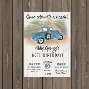Vintage Truck Adult Birthday Invitation, Men&#39;s Vintage Truck Birthday Invitation, Rustic Milestone Birthday Invitation, Printed or Printable