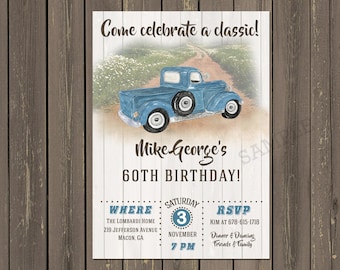 Vintage Truck Adult Birthday Invitation, Men's Vintage Truck Birthday Invitation, Rustic Milestone Birthday Invitation, Printed or Printable