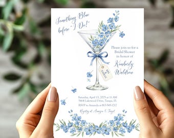 Something Blue Bridal Shower Invitation – Elegant Blue Floral Martini Glass – Classic Bridal Shower Invite, Editable, Instant Download