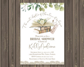 Book Themed Bridal Shower Invitation, Library Shower Invitation, Book Lover Neutral Invitation, Book & Greenery Invite, Printable or Printed