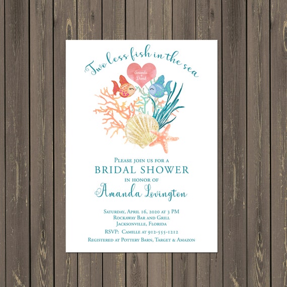 Two Less Fish in the Sea Shower Invitation, Fish Bridal Shower, Couples