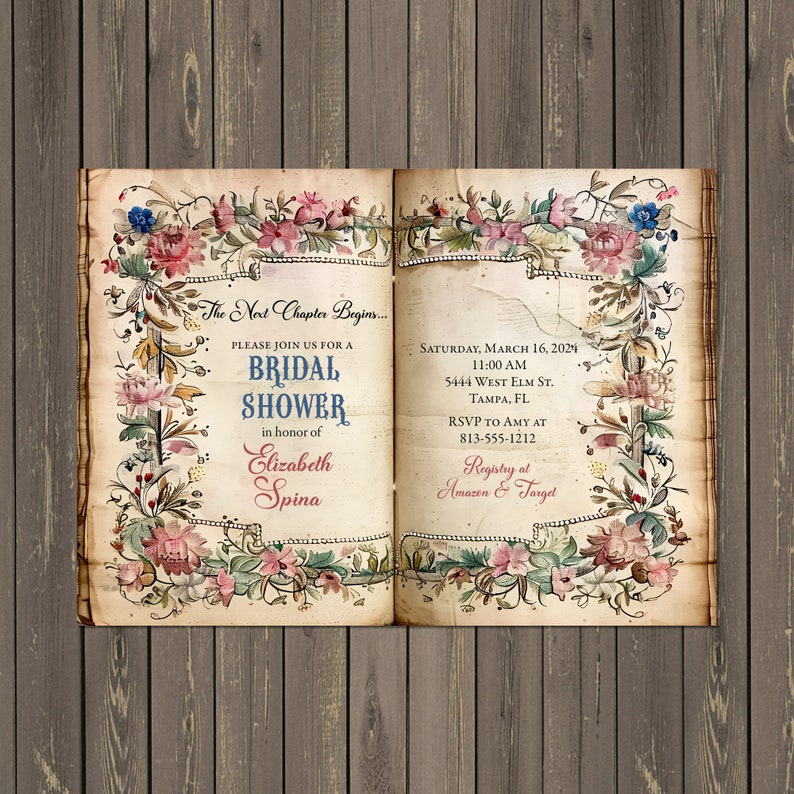 Vintage Book Bridal Shower Invitation: Floral Antique Design (printable ...