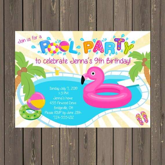 Flamingo Pool Party Birthday Invitation, Girl's Pool Party Invitation, Summer Tropical Pool Party, Printable or Printed Il_570xn