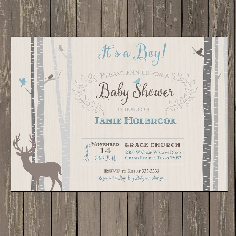 Deer and Birch Baby Shower Invitation in Tan Grey and Blue, Woodland Shower invitation, Baby Boy Shower invitation image 1