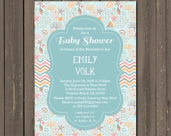 Ocean Baby Shower Invitation, Beach Baby Shower Invite, Shell Baby Shower, Ocean Theme Shower, Nautical, Sailboats