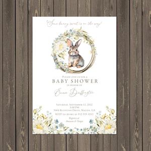 Invitation à la baby shower de lapin lapin, douche de fleurs sauvages d’automne, baby shower neutre en matière de genre, imprimable ou imprimée