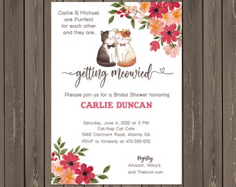 Cat Themed Bridal Shower Invitation, Cat Getting Meowied Invitation, Cat Lover Invitation, Watercolor Floral, Printable or Printed