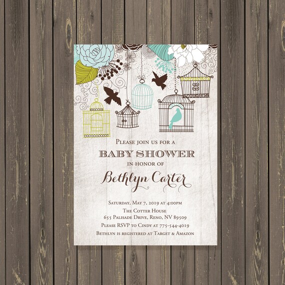Bird Baby Shower Invitation, Rustic Bird Cage Baby Shower Invitation, Feather the Nest Baby Shower, Gender Neutral, Printable or Printed Il_570xn