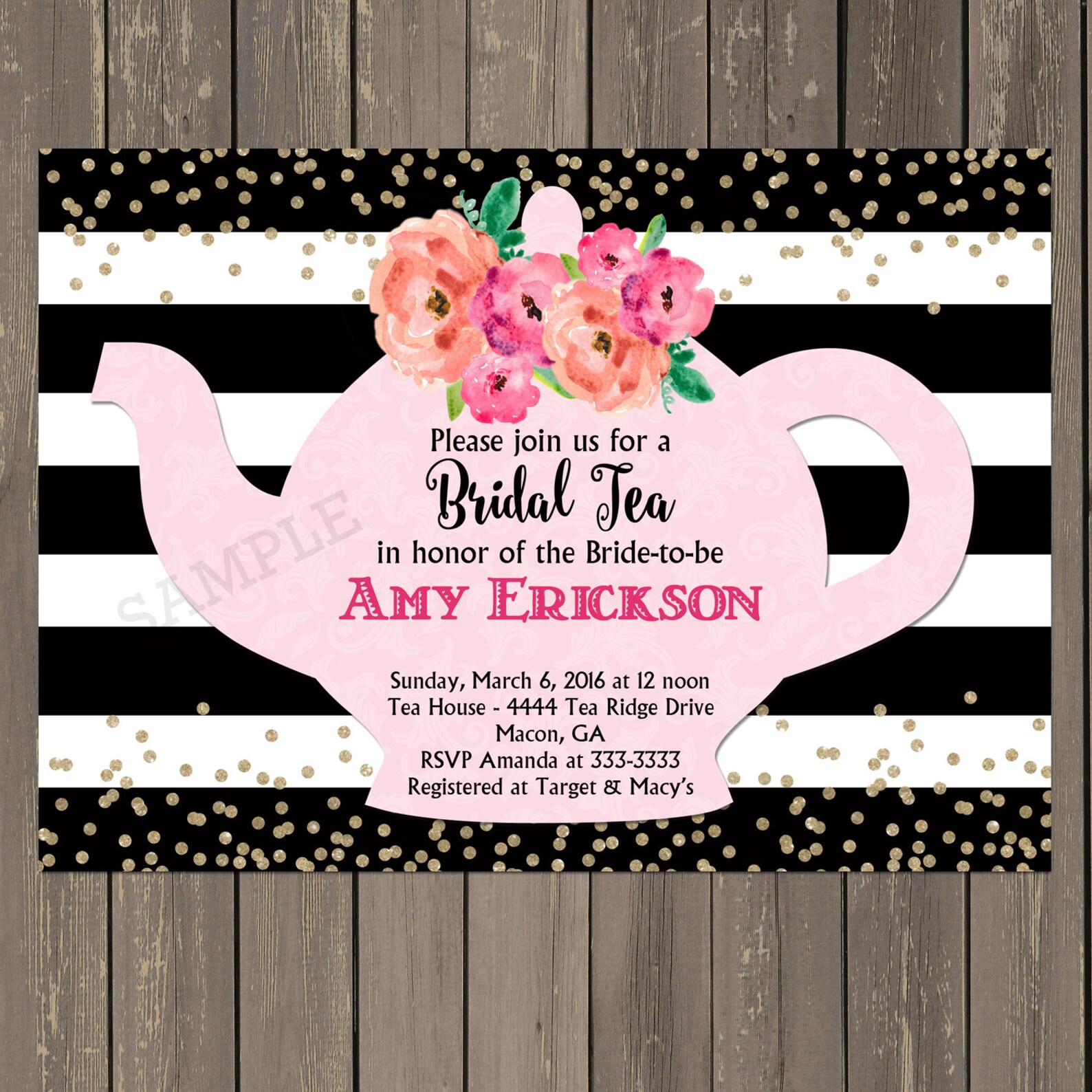 Bridal Tea Party Invitation Black and White Stripe Watercolor | Etsy