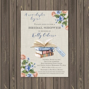 May include: A light blue and white bridal shower invitation with a stack of books, flowers, and the text "A new chapter begins" and "Please join us for a bridal shower in honor of Kelly Osborne".