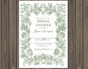 Invitación para despedida de soltera en verde salvia: Jardín elegante con flores dibujadas a mano (opción imprimible disponible)