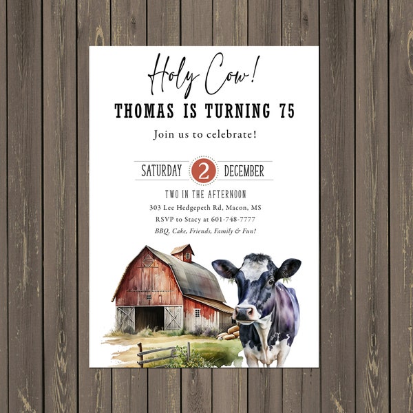 Cow and Farm Birthday Invitation, Dairy Cow Birthday Party Invitation, Holy Cow Birthday, Any Age, Barn, Printable or Printed