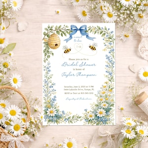Bee Bridal Shower Invitation Watercolor Floral Blue Bow Meant to Bee Theme, Printable or Printed