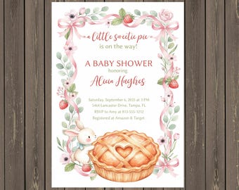 Bunny & Strawberry Baby Shower Invitation, Pink Floral Pie Theme (Editable, Instant Download)