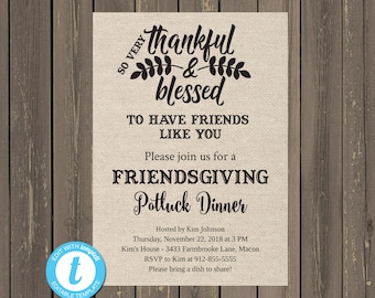 Friendsgiving Dinner Invitation, Thanksgiving Potluck Dinner Invitation, Thankful and Blessed Invitation, Friends Thanksgiving, Editable