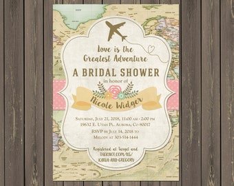 Travel Bridal Shower Invitation: Airplane Map Design (DIY or Printed)