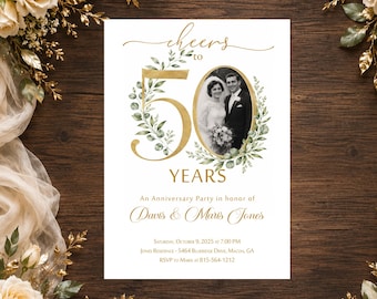 50th Anniversary Invitation with Photo, Gold Wedding Anniversary Invite, Elegant Greenery 50 Years Party, Printable or Printed