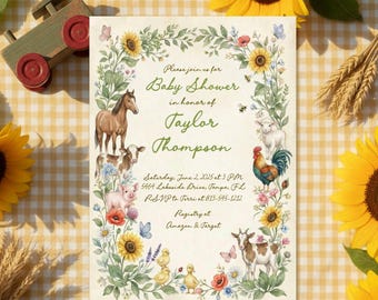 Rustic Farm Animal Baby Shower Invitation: Sunflower Country Theme (Printable or Printed Option Available
