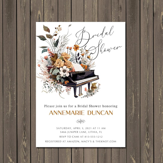 Piano Bridal Shower Invitation, Music Bridal Shower Invitation, Music Lover Shower Invitation, Watercolor Floral, Printable or Printed Il_570xn