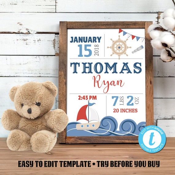 Birth Stats Printable Wall Art, Baby Boy Birth Stats, Nautical Sailboat Birth Stats Print, New Baby Gift, Instant Download, Easy to Edit Il_570xn