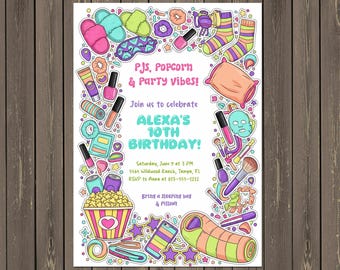Sleepover Birthday Invitation • Girls Slumber Party PJs Popcorn Spa Theme • Editable, Instant Download