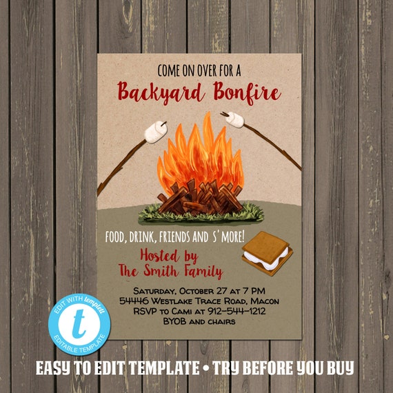 Boy Girl Backyard Bonfire Campfire Camping Editable Invite /& Evite Instant Download Digital File Smore Birthday Party Invitation Template