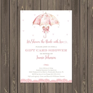 Parapluie floral nuptiale d'invitation carte-cadeau douche rose aquarelle dentelle design élégant faire-parts imprimés personnalisés ou imprimables