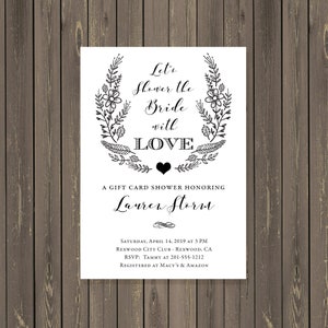 Invitation de douche de mariée de carte-cadeau, douche de carte-cadeau de couples, partie de carte-cadeau, douche de mariée noire et blanche invitent, DIY ou imprimé