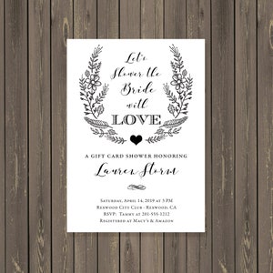 Gift Card Bridal Shower Invitation, Couples Gift Card Shower, Gift Card Party, Black and White Bridal Shower Invite, DIY or Printed