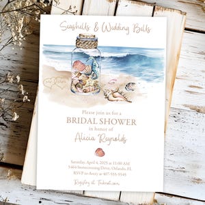 Beach Bridal Shower Invitation with Seashells and Ocean Theme Seashells & Wedding Bells Watercolor Design Custom Printed or Printable Invite