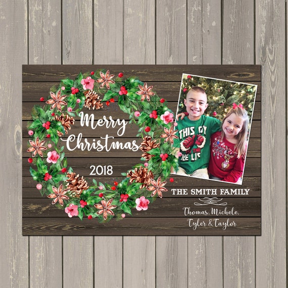 Wreath Christmas Photo Card, Rustic Holiday Card with Floral Wreath, Rustic Photo Christmas Card, Printable or Printed Il_570xn