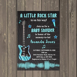 Rock Star Baby Shower Invitation, Rock and Roll Baby Shower Invite, Guitar Shower Invite, Teal and Blue Boy Baby Shower, Printed or DIY image 1