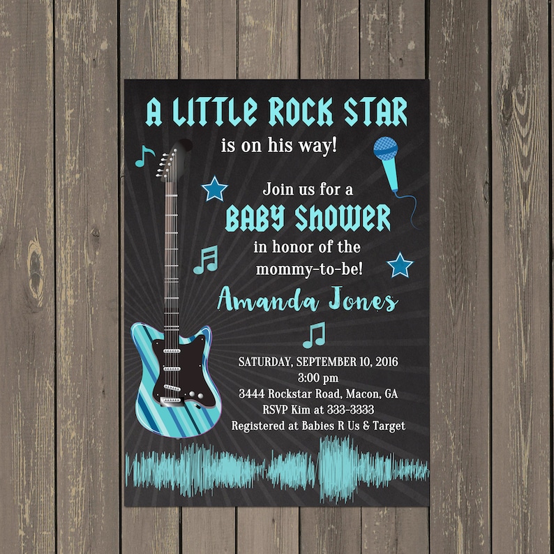 Rock Star Baby Shower Invitation, Rock and Roll Baby Shower Invite, Guitar Shower Invite, Teal and Blue Boy Baby Shower, Printed or DIY image 1