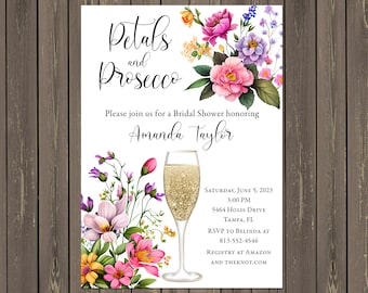 Invitación para despedida de soltera con pétalos y prosecco: Flores silvestres de verano (imprimible o impresa)