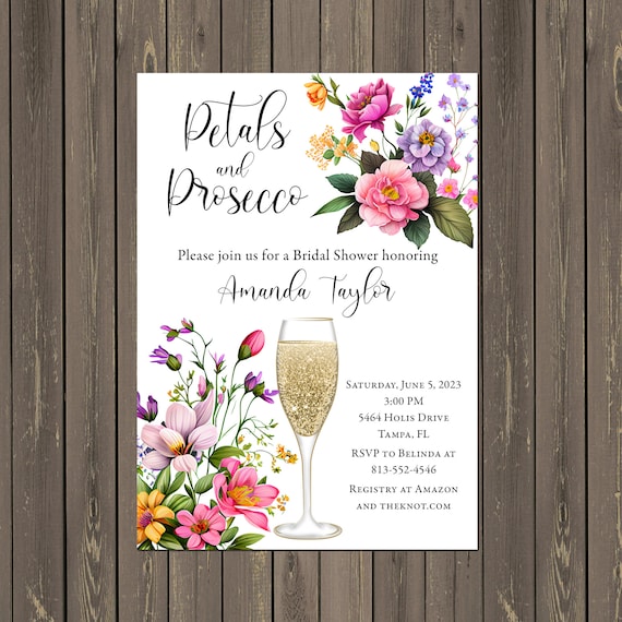 Petals and Prosecco Bridal Shower Invitation, Summer Flower Bridal ...