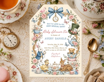 May include: A rectangular baby shower invitation card featuring a cream background with a decorative gold frame, a blue bow, a pocket watch, and illustrations of a rabbit, a fawn, a duckling, teacups, and a top hat with the text Avery Daniels.