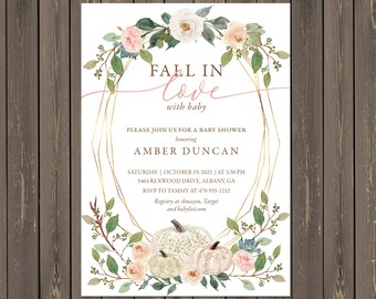 Ivory & Blush Pumpkin Baby Shower Invitation: Fall in Love Theme (Printable or Printed)