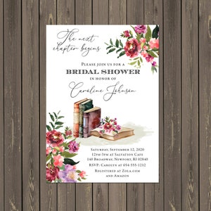 Book Bridal Shower Invitation, A New Chapter Begins Shower Invitation, Book Lover Shower, Library Shower, Magenta, Printable or Printed