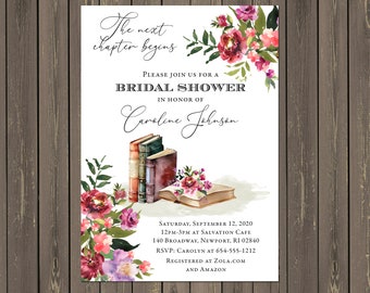 Book Bridal Shower Invitation, A New Chapter Begins Shower Invitation, Book Lover Shower, Library Shower, Magenta, Printable or Printed