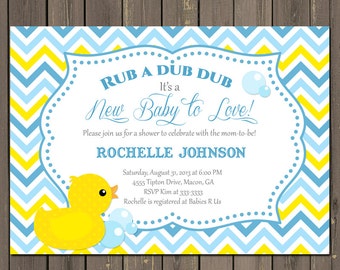 Rubber Duck Baby Shower Invitation, Duck Baby Shower Invitation, Baby Boy Shower, Yellow and Blue, Chevron